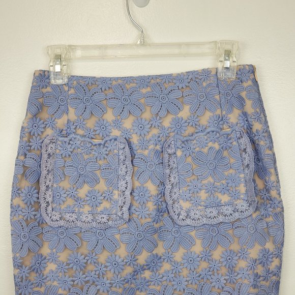 English Factory Blue Floral Lace Nude Colored Lining Pencil Skirt, S - Picture 2 of 13